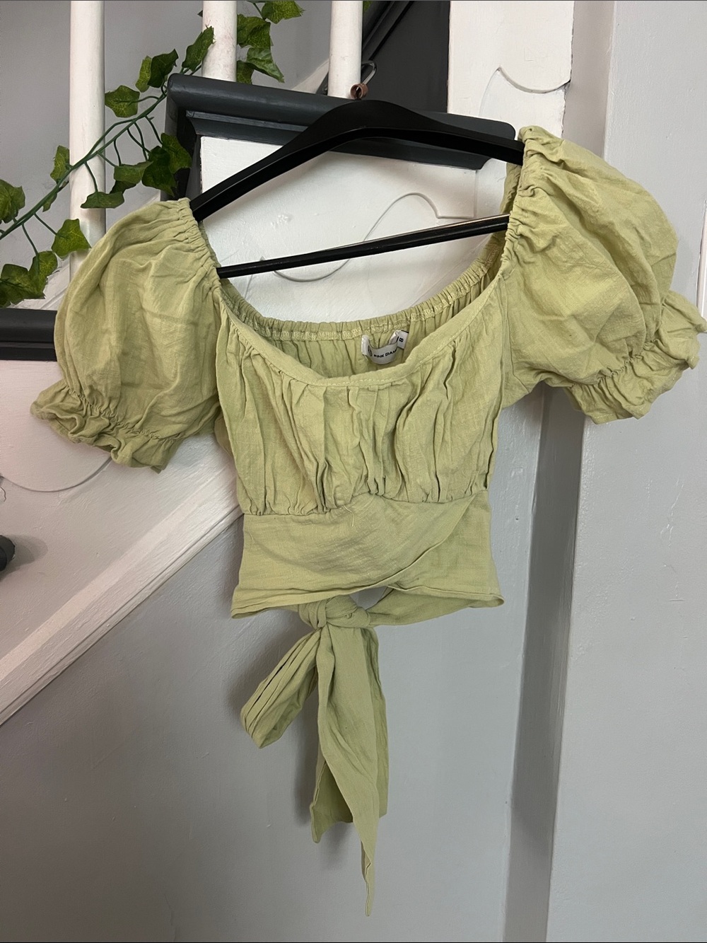Green Puff Sleeve Tie-Back Crop Top